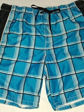 OP Men's Teal Plaid Swim Board Shorts with Black Side Panels
